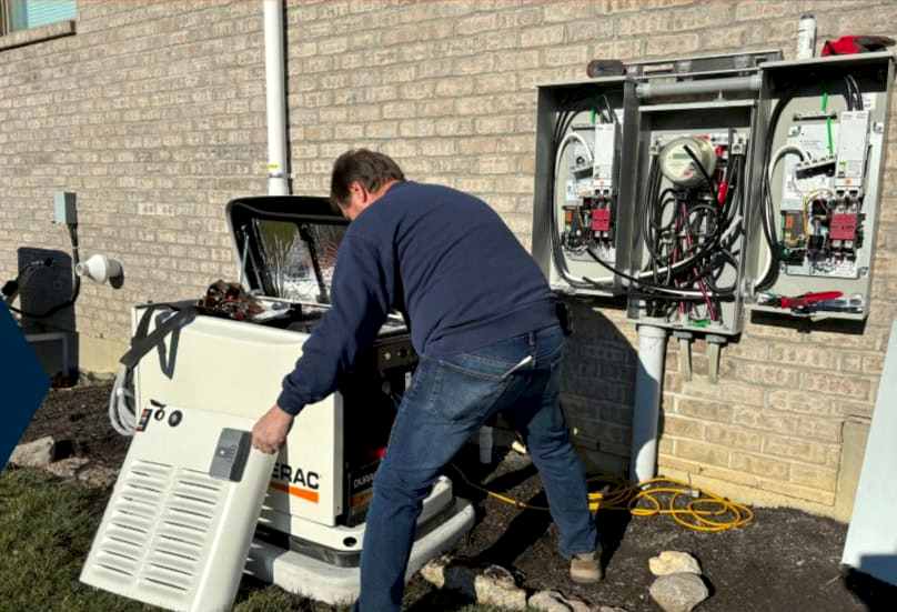 generator size Man installing generator next to open electric panels