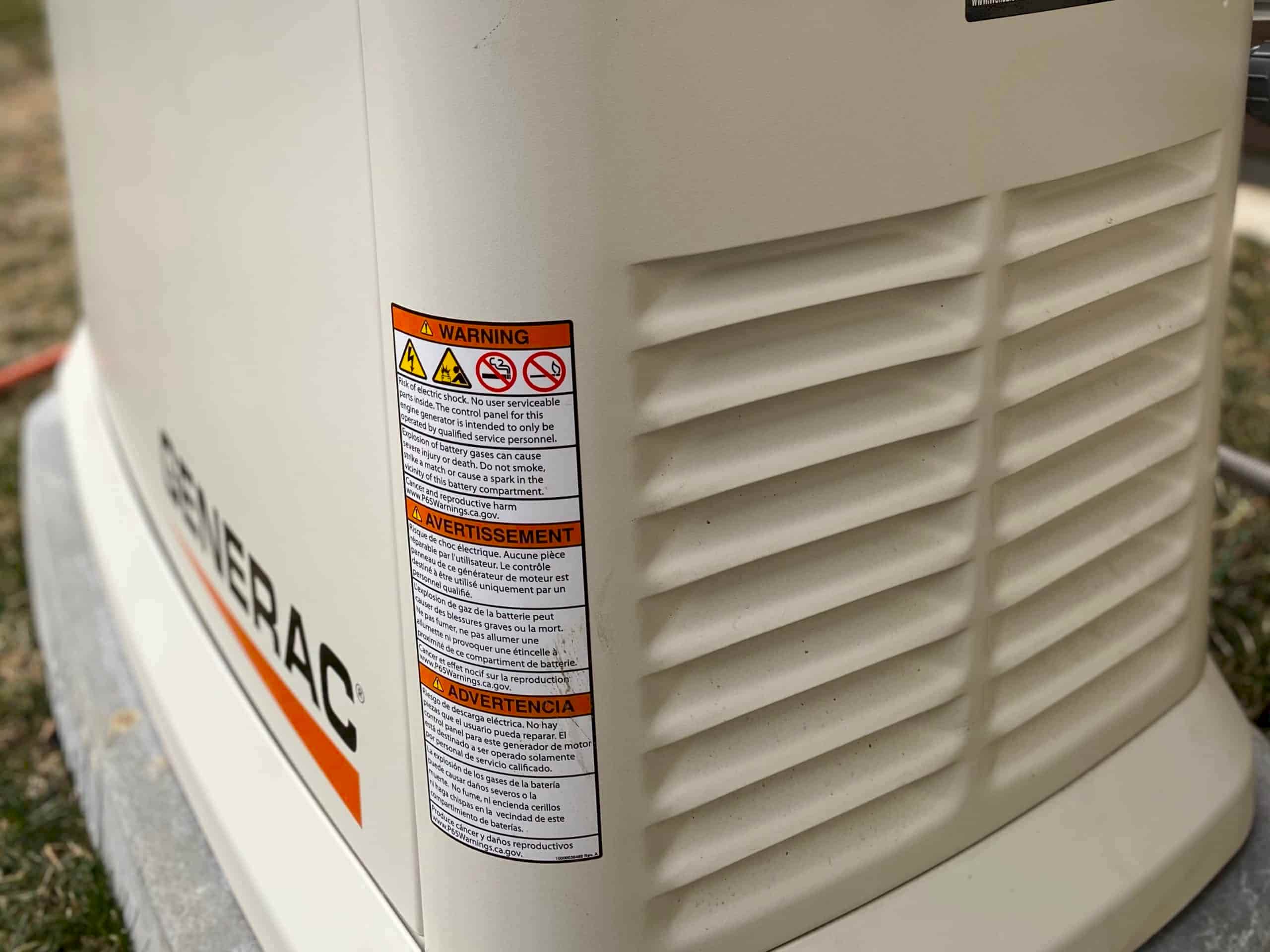 Label on the side of a Generac generator